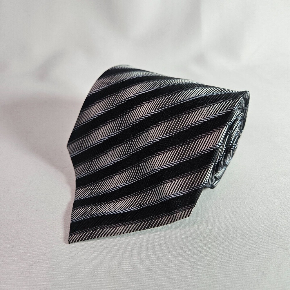 Cezani 100% Silk Hand Made‎ Tie Black Gray Stripes 4" x 58"